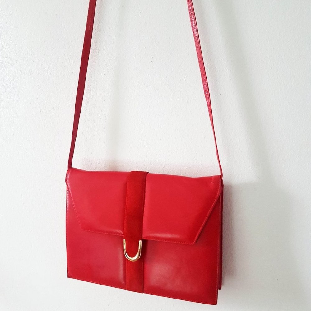 1980s Vintage Candy Red Aldo Leather and Suede Bag Leather Crossbody Bag